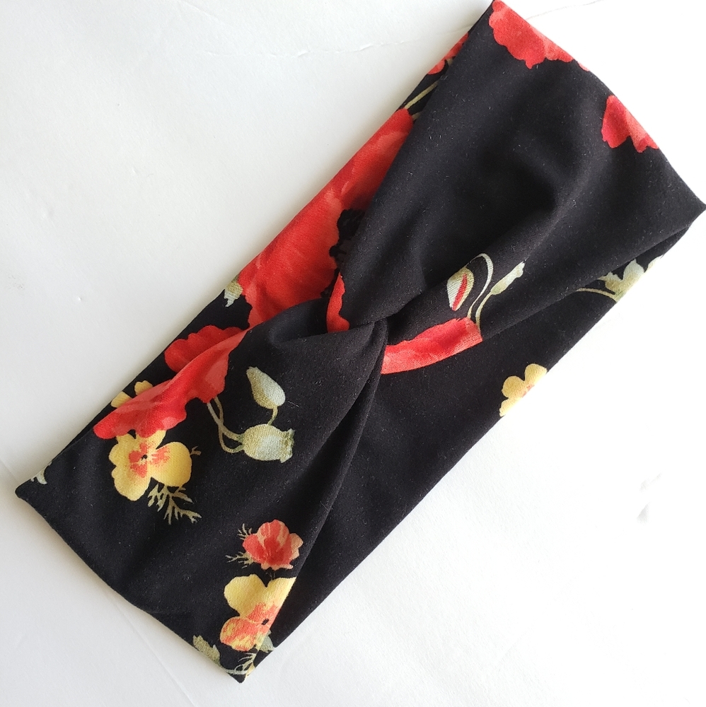 Black Red Floral Print Turban Headband Headwraps